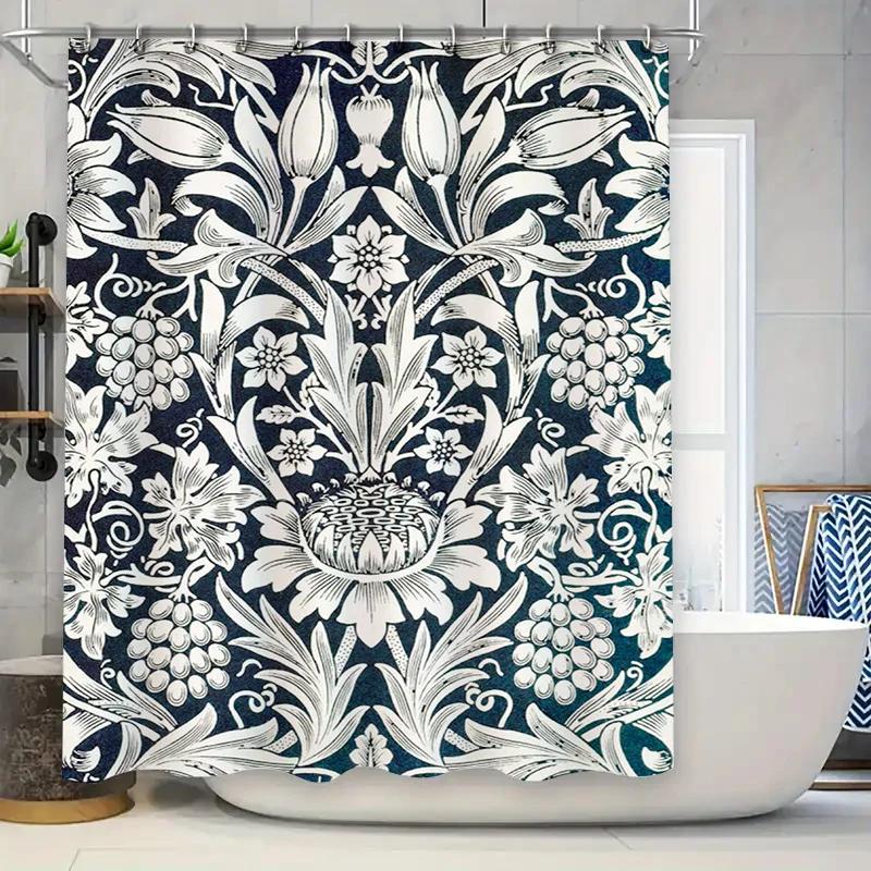 

Vintage Floral Shower Curtain With Soft Waterfall Effect For Bathroom Decor Navy White Elegant Print, Durable Waterproof Fabric W60H190(CM)-1 Pcs