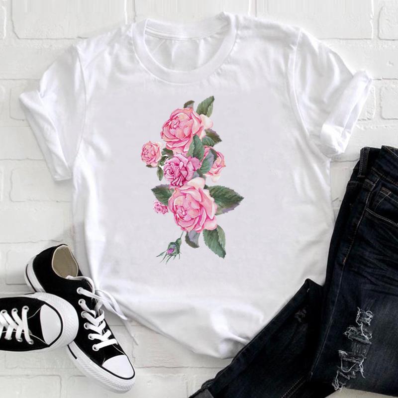 (European Size) 90s Tee Top Fashion Flower Watercolor Lovely T Shirt Clothing Casual Short Sleeve Women Print Lady Female Graphic T-shirt
