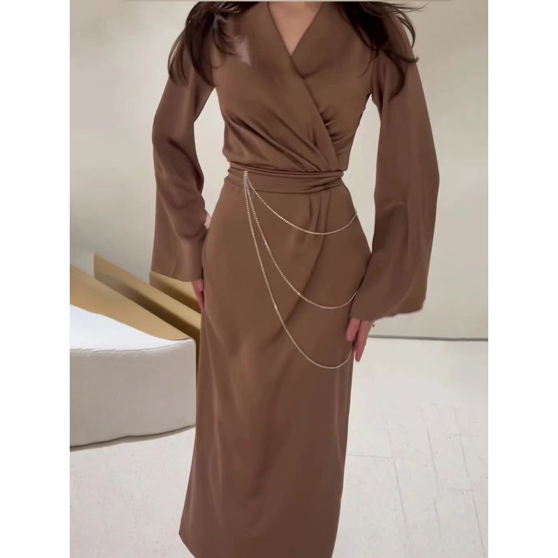 Fashion New Arrival Elegant Flare Sleeve Waist-Tight Pure Color Dress Flare Sleeve Waist up Dress