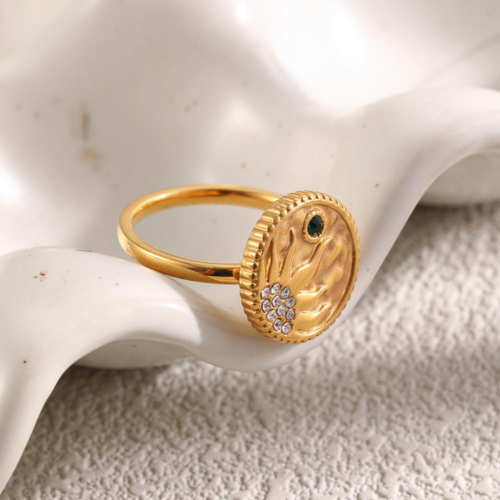 European & American Retro French 18K Gold-Plated Sun Face Ring with Diamonds for Women