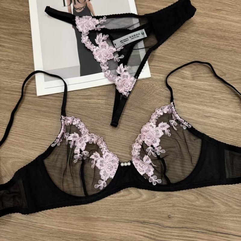 Französisches Ultra Dünnes Spitze Blumen Stickerei Dessous Set Sexy Netz Atmungsaktiver BH Damen Hohe Qualität Intimwäsche Tanga Set