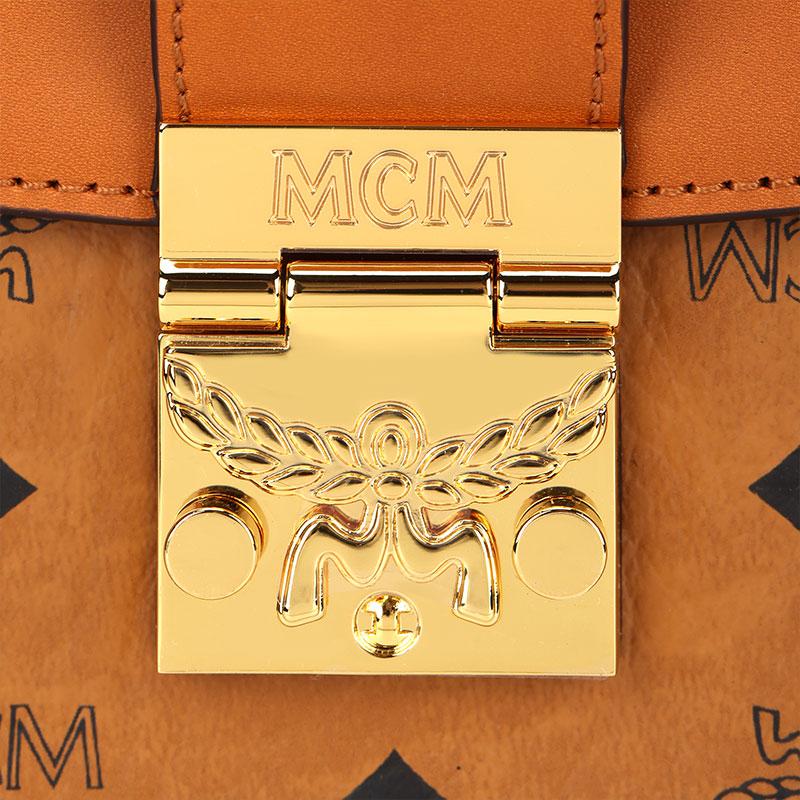 MCM Cognac Visetos & Leather Flap Crossbody Satchel Bag with Gold Hardware for Daily Use
