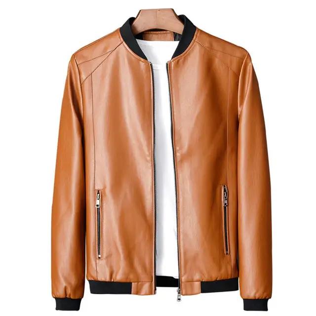 Men's Jacket Fashionable Men's Faux Leather Motorcycle Jacket Windproof Stand Collar Zipper Closure Pocket Autumn and Winter Soft Men