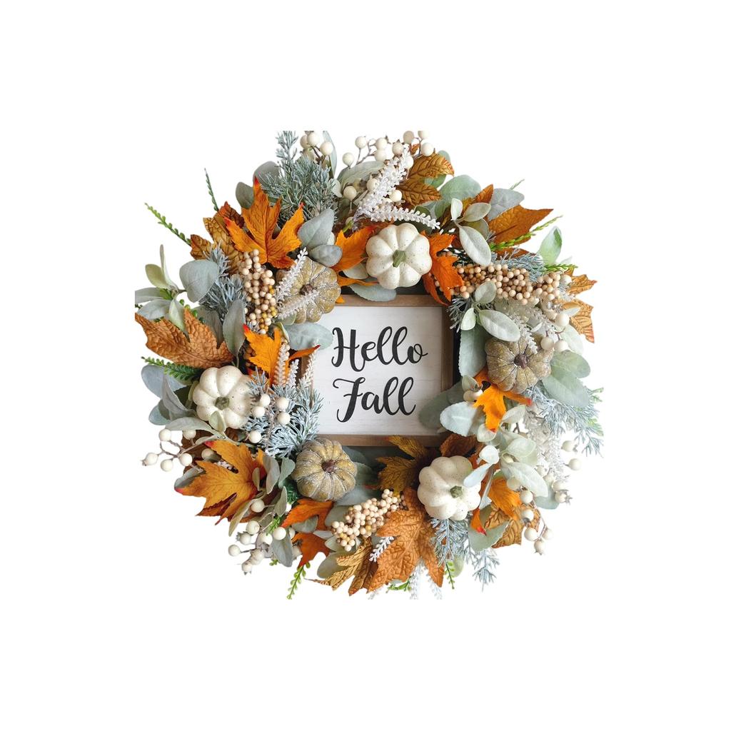 Pumpkin Maple Leaf Wreath With Berry Wood Sign Front Door Autumns Door Hanging Decoration Thanksgiving Harvests Festival