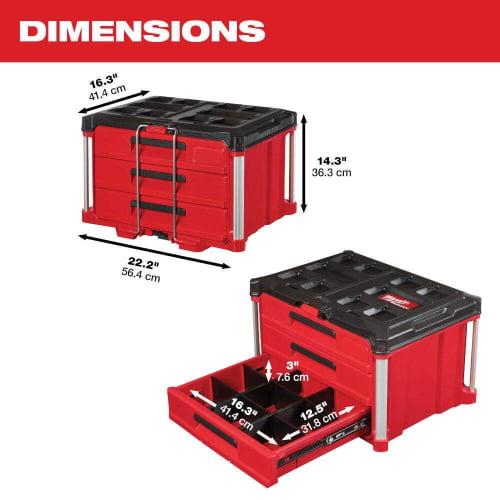 DXYLYX 48-22-8443 Milwaukee Packout 3-Drawer Heavy-Duty Toolbox, 50 lb Capacity, Length: 16.3" x Width: 22.25" x Height: 14.3