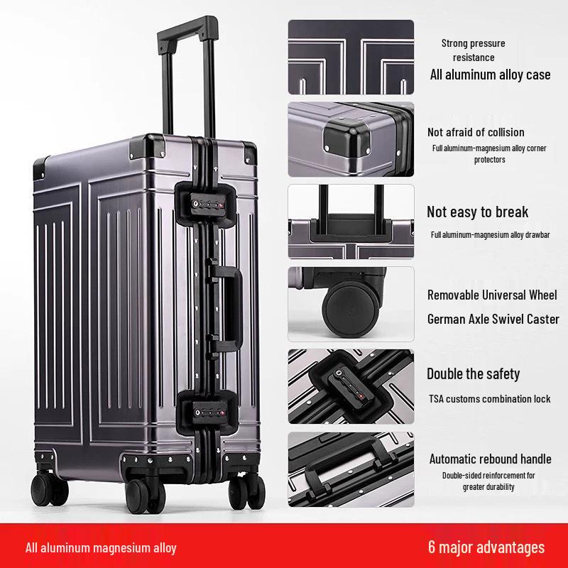 Aluminum-Magnesium Alloy Trolley Case: Universal Wheeled Luggage in 20”, 24”, 26”, 29” for Men and Women—Hard Shell Travel Suitcase