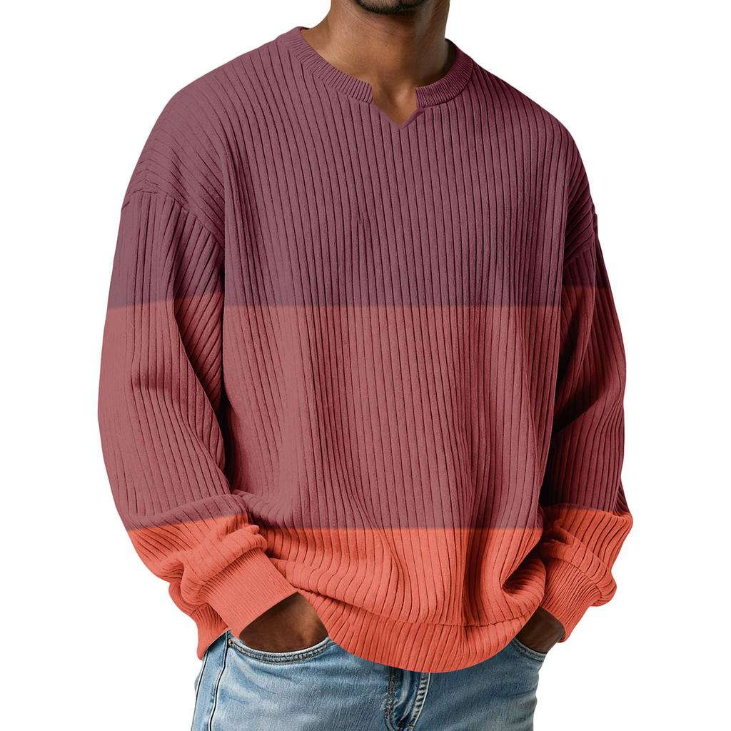 Herrars Färgblockerad Stilfull V-ringad Ribbad Texturerad Långärmad T-shirt