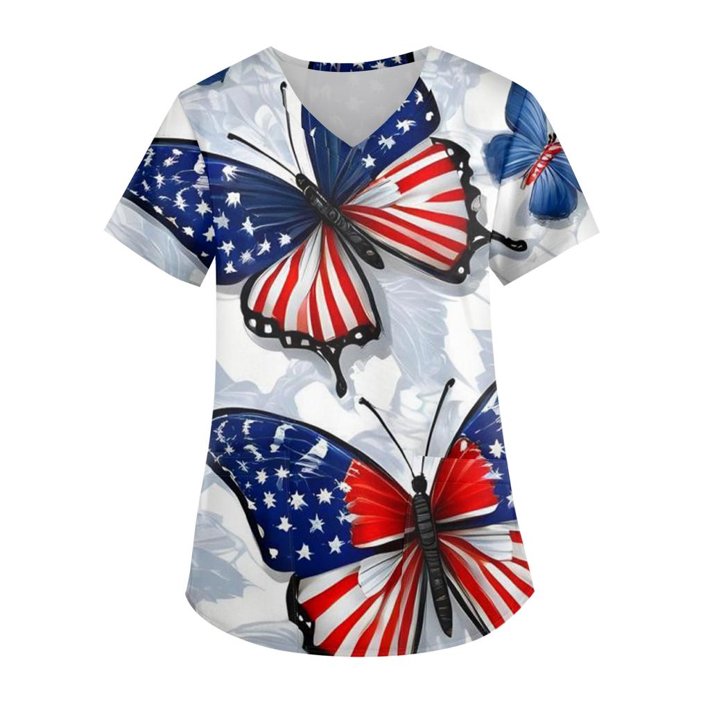 Modisches V-Ausschnitt-Taschen-Kurzarm-Uniform- und Pflegekraft-Oberteil für Damen mit Aufdruck zum Unabhängigkeitstag