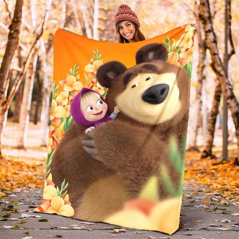 Msha and Bear Flannel Blanket Soft Warm All-Season Throw, Design for Camping, Car Travel, Hiking Sofa, Bed, Office Perfect Gift for Parties