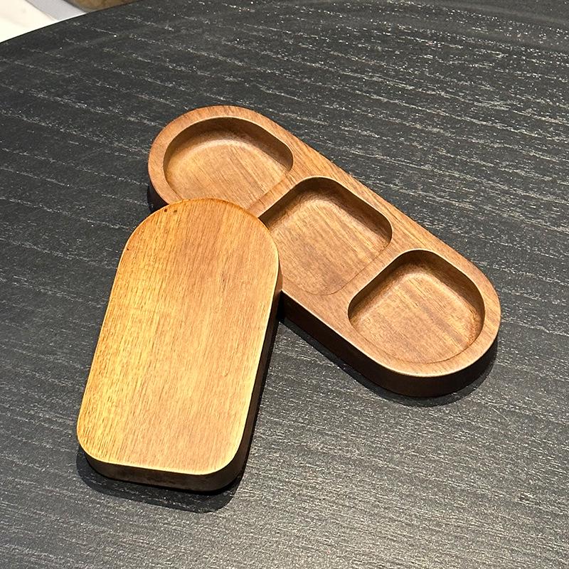 Acacia Wood 3-Compartment Condiment Dish, Snack & Sauce Plate for Hot Pot or BBQ.