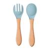 Child's Wooden Handle Silicone Fork & Spoon Set for Learning to Eat