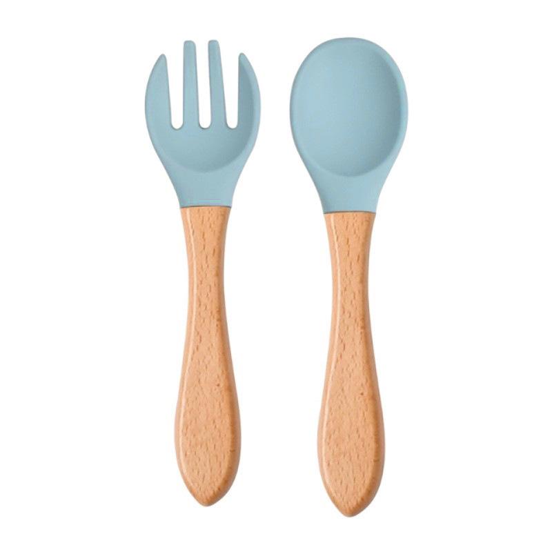 Child's Wooden Handle Silicone Fork & Spoon Set for Learning to Eat