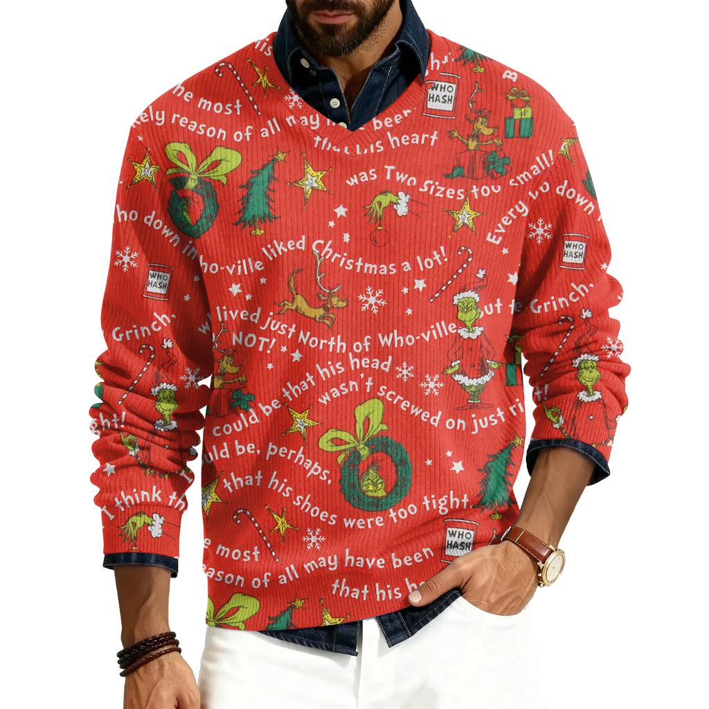 Men's V-neck Long Sleeve Ribbed Knit Pullover