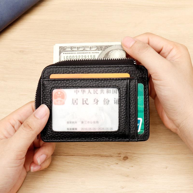 Genuine Leather Slim Card Holder RFID Blocking Zipper Coin Purse with ID Window Unisex Wallet