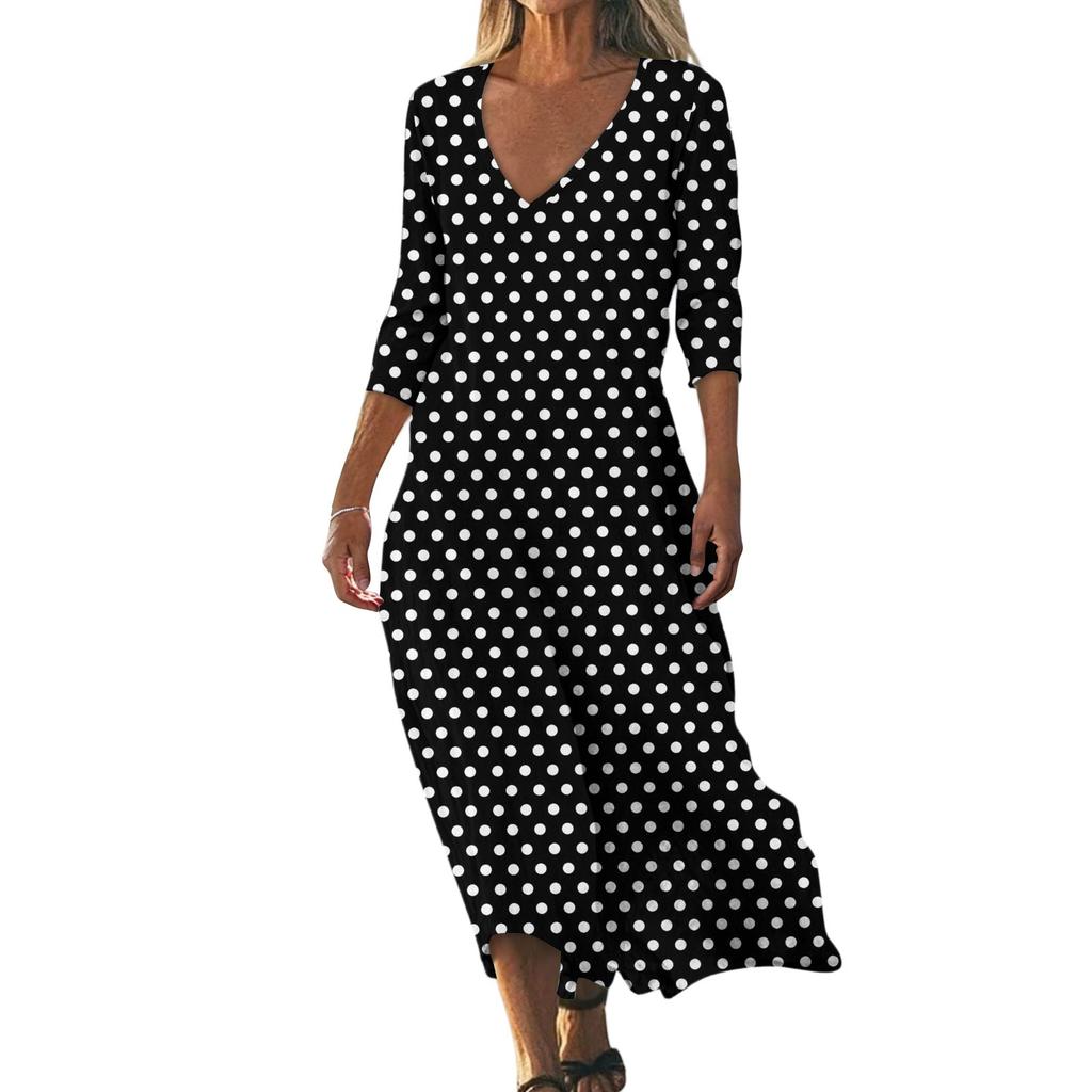 Dresses For Womens Vintage Print Tunic Waisted Midi Dress Summer Casual  3/4 Sleeve Dress