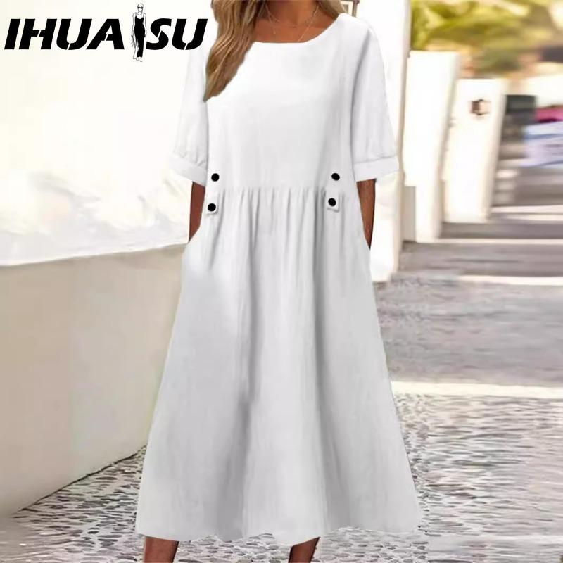

IHUASU Женское миди-платье свободного кроя, двойные карманы, пуговичная отделка, круглый вырез, короткий рукав, летнее бохо-платье для работы S белый