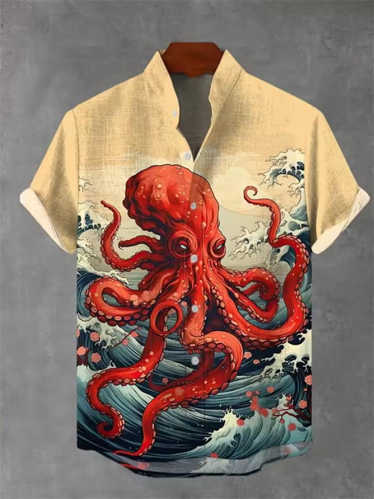 Hawaii shirt linen new men's 3D printed short sleeved street casual multi-functional high-end summer casual plus size shirt