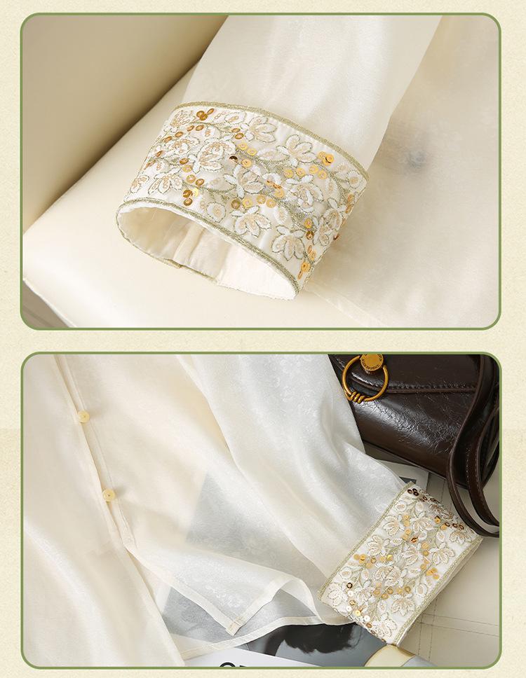 2025 High-End Faux Silk Jacquard Embroidered Top with Chinese Frog Buttons and Stand Collar for Women