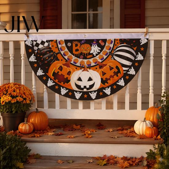 Reusable Holiday Porch Sign Halloween Semi Circle Bunting Banner, Pumpkin Bat Yard Decor, Decorative Fan Shaped Flags Spooky Festive Hanging Flag for