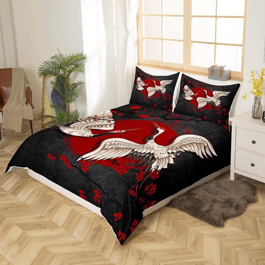 Sakura Branch Crane Retro Three-Piece Quilt Cover 3D Digital Printing Bedding Set Bed Cover