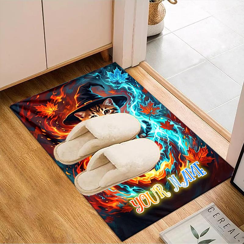 1PC Custom Name "Autumnal Pumpkin Cat Firework" Theme Floor Mat Ideal for Living Room, Game Rooms, Office, Bedroom, Office Floor Mat , Floor Mats for