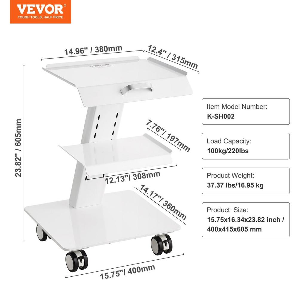 Lab Trolley, 3-Layer Rolling Lab Cart, Metal Mobile Trolley with Swivel Wheels, Tray Rolling Clinic Cart 220 Lbs Weight Capacity, for Lab, Clinic,