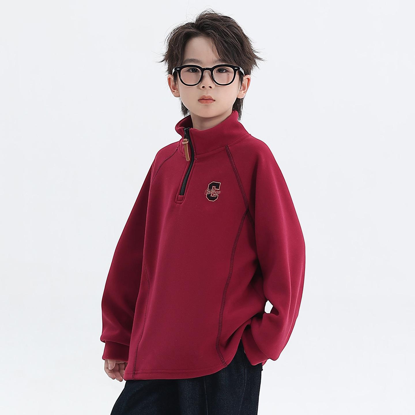 

Boys 2025 Winter Fleece-Lined Half-Zip Pullover Hoodie for Medium and Older Children 120 червоний