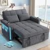 Sofá-cama de 2 lugares, conversível, iluminação LED, porta de carregamento USB/Tipo-C, encosto ajustável, almofadas, porta-copos, bolso lateral, tecido de chenille, Cinza
