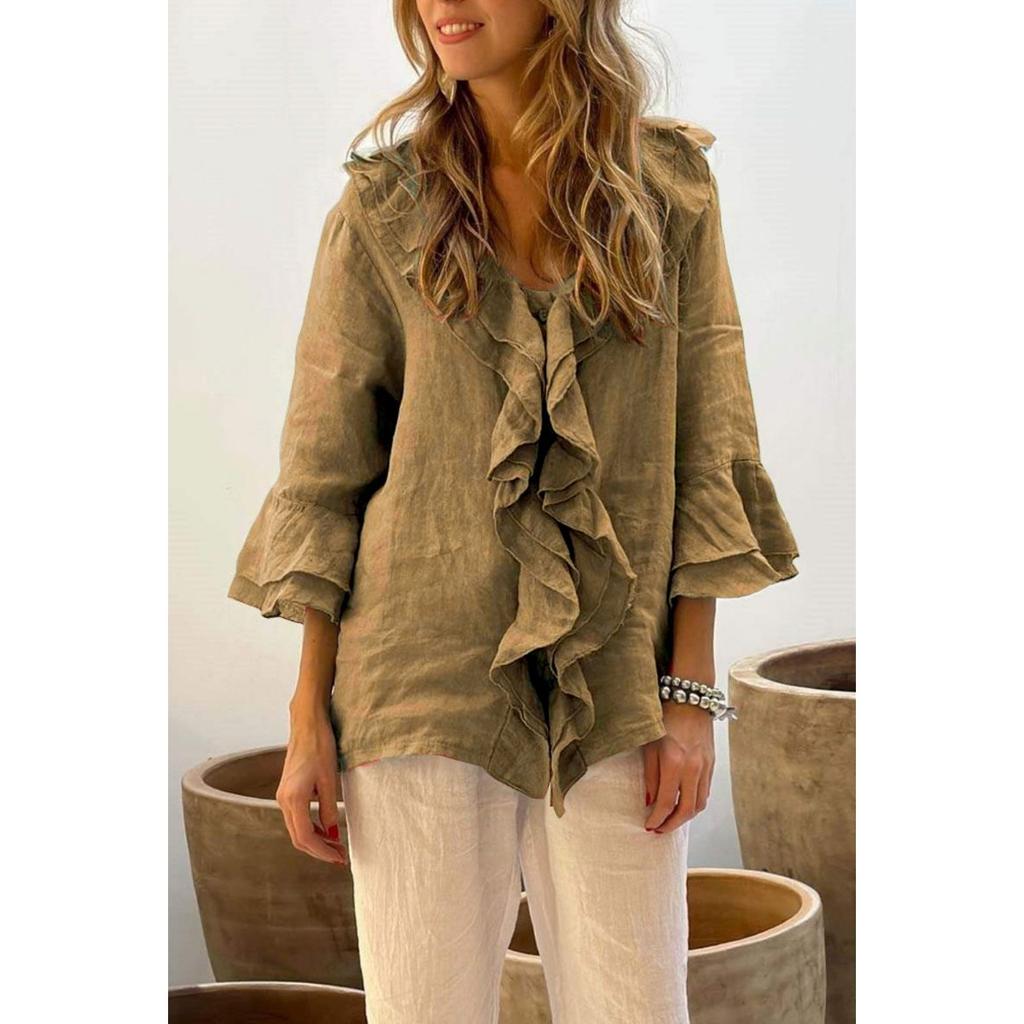 European American Style Leisure Autumn Solid Color V-neck Flutter Sleeve Ruffled Trim Multi-button Cardigan Open Top with Curved Hem