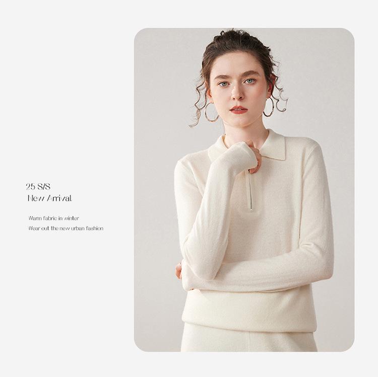 Women's Cashmere Polo Neck Half-Zip Sweater - Elegant Solid Color Knit Base Layer
