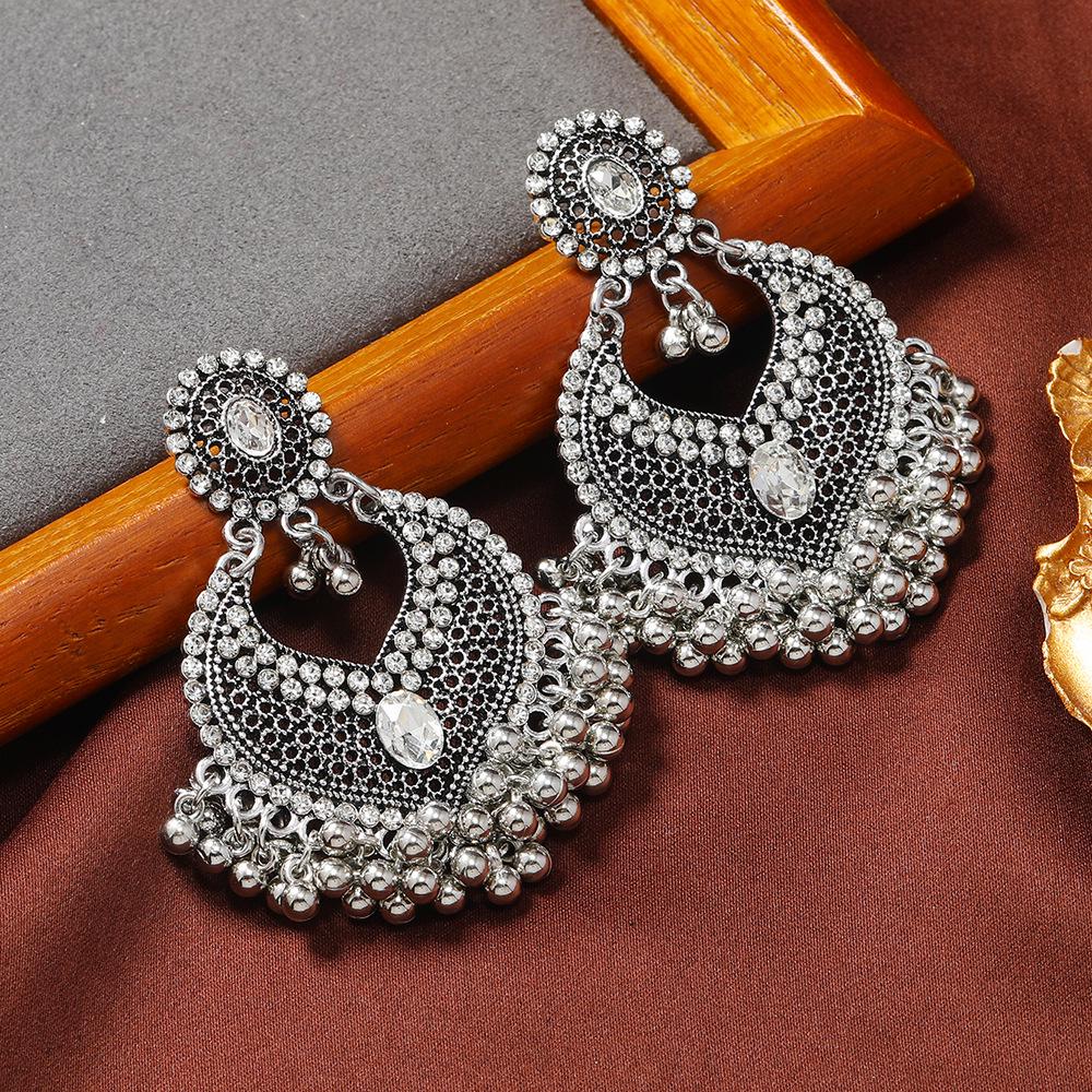 Retro Bohemian Ethnic Heart Stud Earrings with Long Bell Design