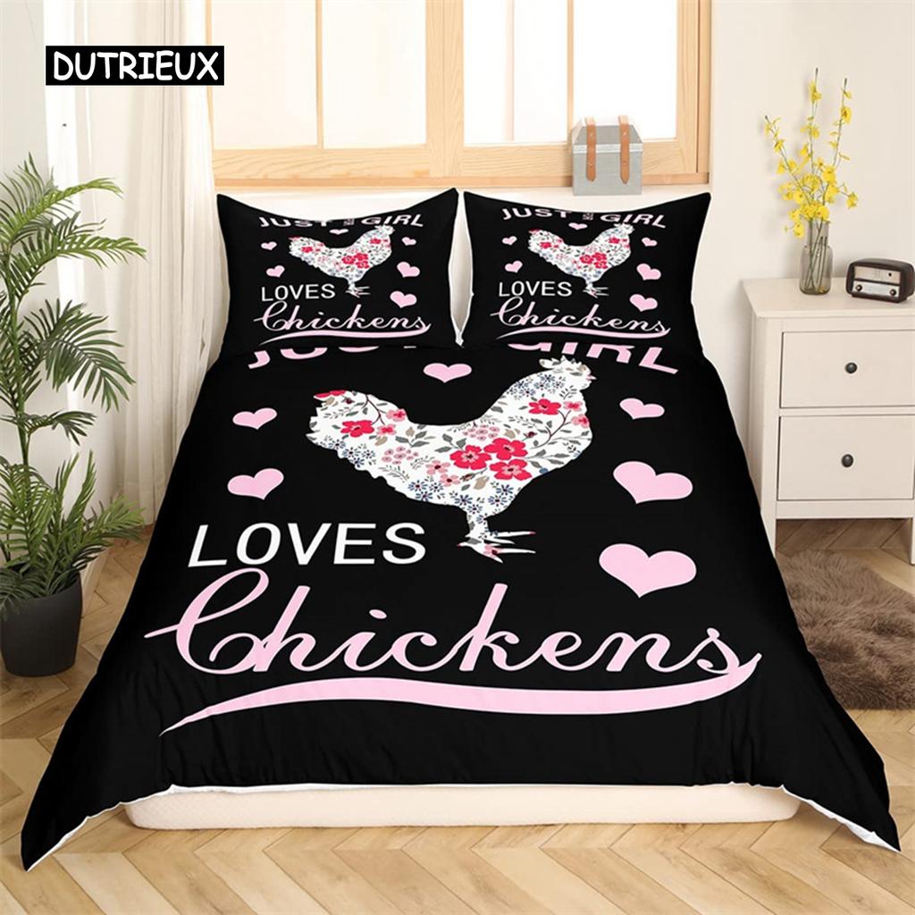 Kylling Sengetøy Sett Queen Gårdshus Dyr Dynetrekk Høne Hane Kylling Dynetrekk For Jenter Tenåringer Kvinner Soveromsdekor