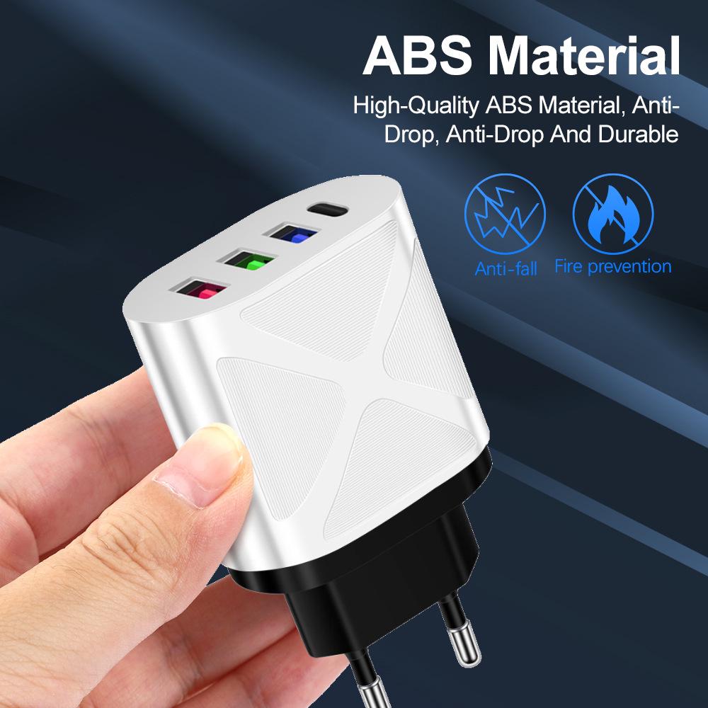 Universal Multi-Port Charger: 3 USB + Type-C, 5V/2.4A, EU/US/UK Plug, Travel/Home Use