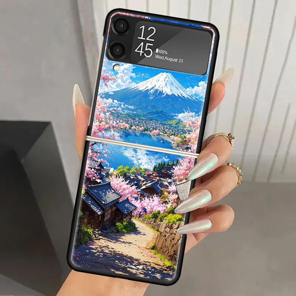 Japanese Cherry Mount Fuji Hard PC Phone Case For Samsung Galaxy Z Flip 7 6 5 4 3 Black ZFlip7 ZFlip6 Flip5 Flip4 Flip3 5G Print