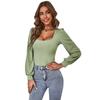2024 Women's Avocado Green Puff Sleeve Square Neck Knitted Slim Fit Top