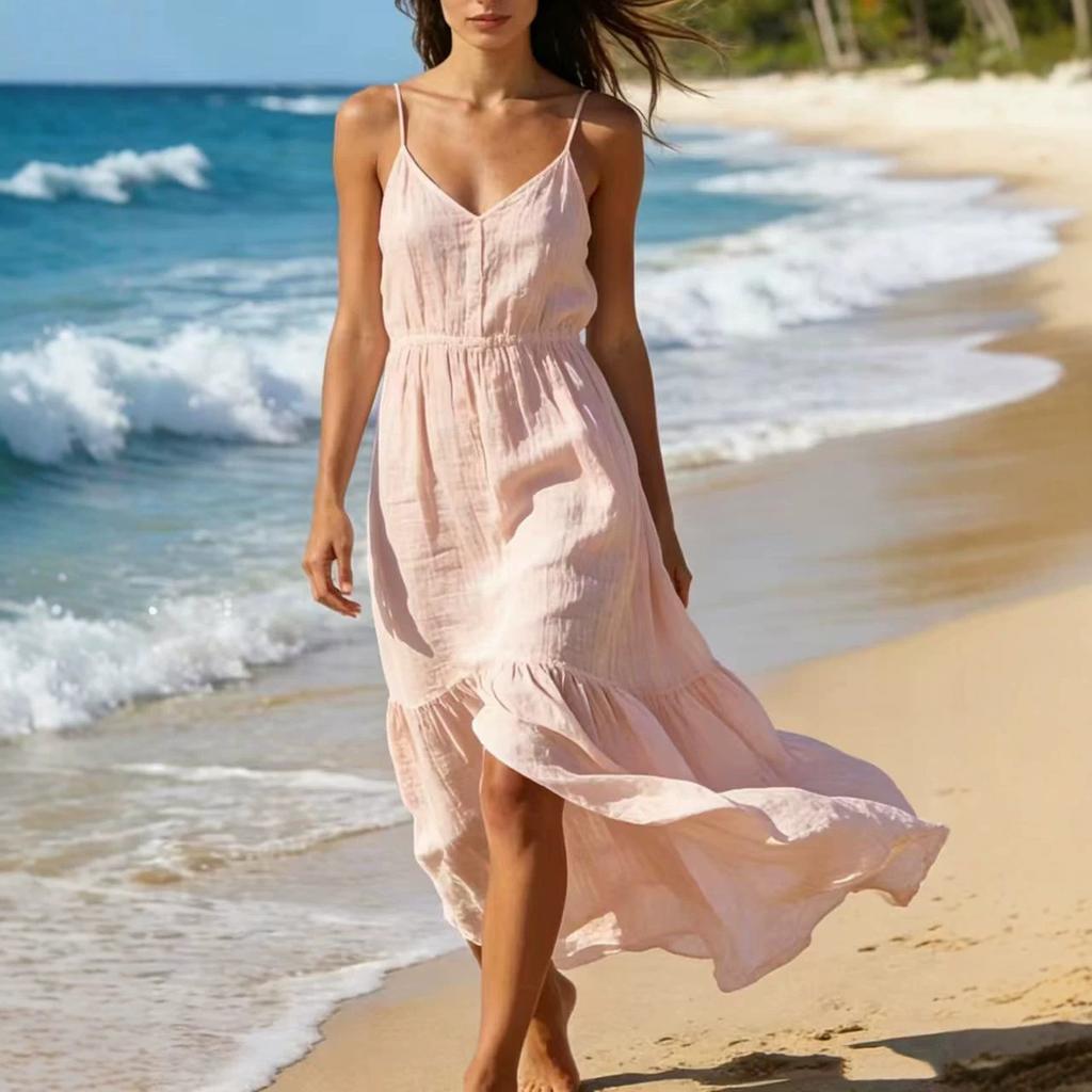 Women's Summer V-Neck Spaghetti Strap Maxi Dress, Color Beach Sundress for Vacation, Comfortable and Flowy