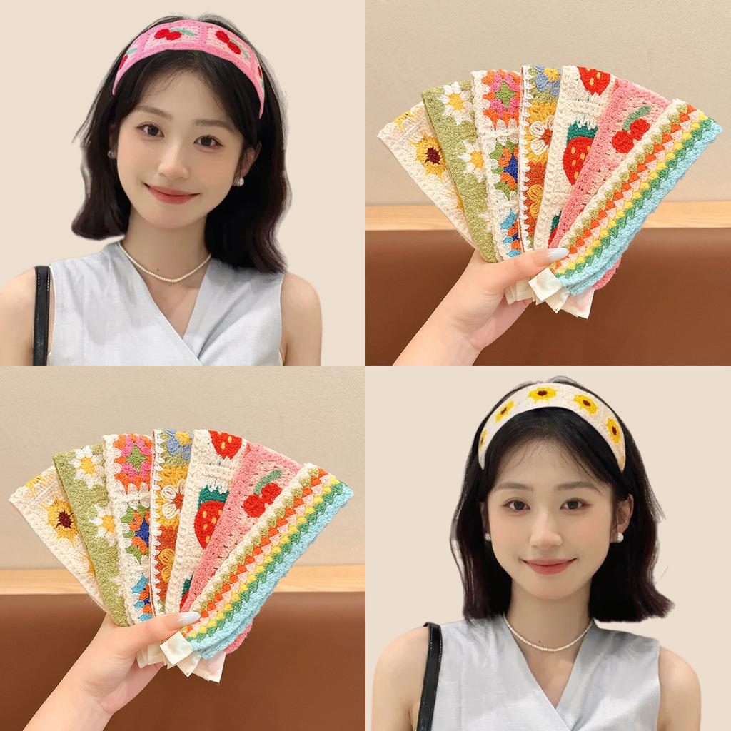 Kids Pastoral Style Floral Knitting Bangs Hairband Girl Broken Hair Finishing Hairband Sweet Headband Face Wash Hairpin