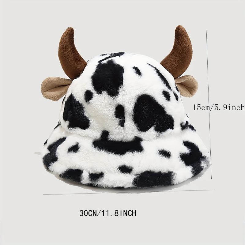 [Cow Print Plush Hat] Black And White Cow Print Plush Hat, Cute Horn Thickened Warm Beanie, Fashionable Versatile Fisherman Cap