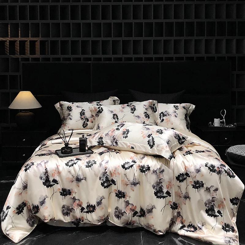 Luxury High-end Silk Bedding Set Silky Satin Quilt Cover Set Printed Queen King Duvet Cover Soft Gift for Your Lover Friends