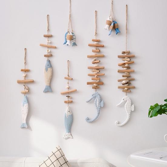 Small Fish Pendant with Hemp Rope Easy To Hang No Drilling Handmade Solid Wood Coastal Style Wall Ornament