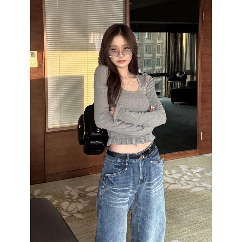 Women s Korean-Style Gray U-Neck Long-Sleeve Clavicle Top with Lace Hem for Autumn/Winter S (60-80 kg) серый