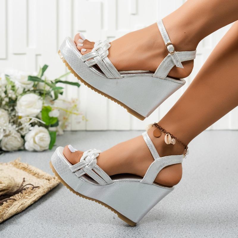 Summer new one-word buckle with high heels fashion sandals women's large size woven belt muffin thick-soled wedge sandals