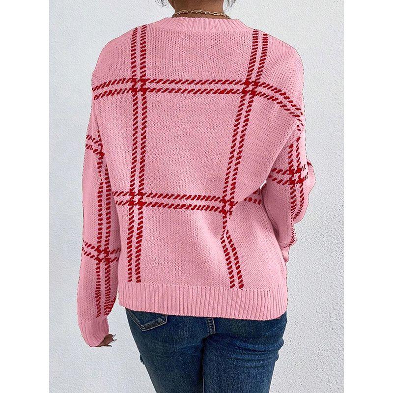 European and American Leisure All-Match O-neck pullover Top Women 2025 Winter New Plaid Patchwork Drop Shoulder Sweater Women