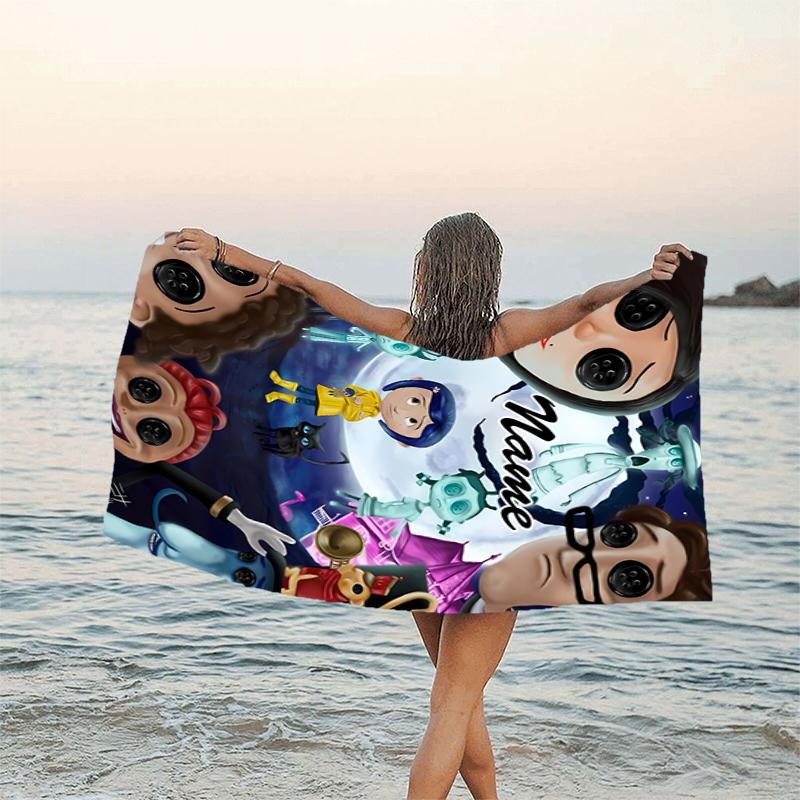 1pc Coraline2 Beach Towel with Custom Name, Beach/Swimming/Bath/Picnic/Camping Towel, Suitable for Seaside Beaches