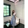 Kumikumi Holiday Style Blue Lace Stitching Temperament Sling Dress Women Summer Waist Hugging Pleat A- Line Skirt