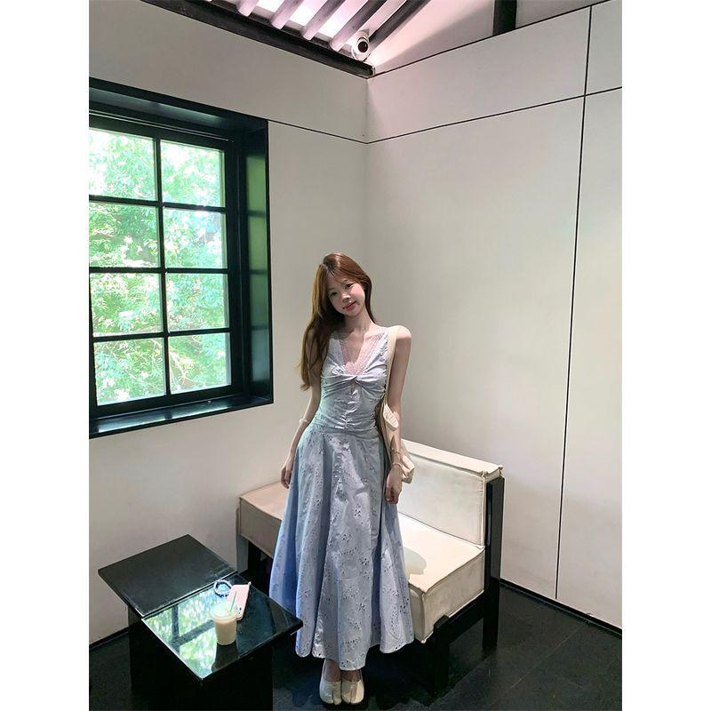 Kumikumi Holiday Style Blue Lace Stitching Temperament Sling Dress Women Summer Waist Hugging Pleat A- Line Skirt