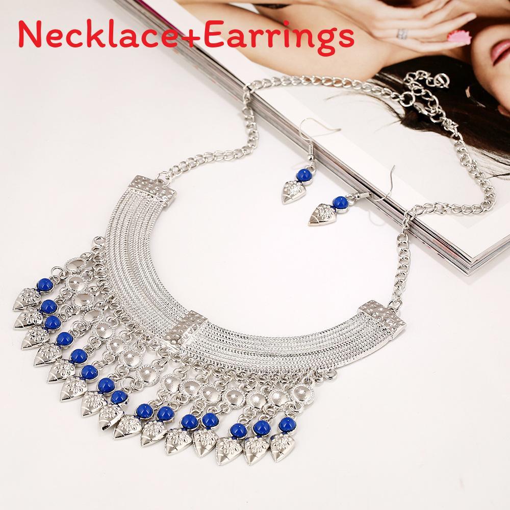 Necklace Fashion Tassel Eardrop Set With Layered Chain And Gemstone Details