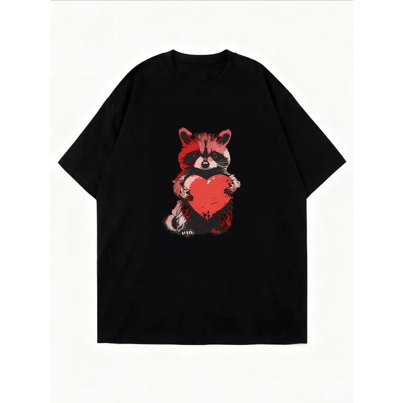 Cute Raccoon Holding Heart Graphic T Shirt White Animal Print Valentine Gift For Women Casual Wear