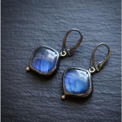 Vintage Ethnic Silver Color Metal Black Geometric Inlaid Blue Pattern Dangle Earrings for Women Jewelry