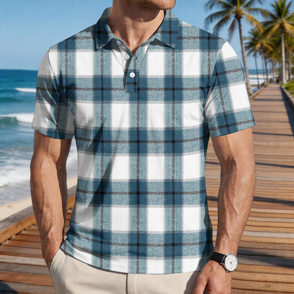 Men’s Loose Fit Casual Plaid Print Short Sleeve Polo Shirt with Turn Down Collar for Everyday Wear